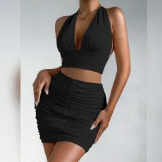 SC Sexy V Neck Halterneck Two Piece Skirts Set YMYF-9270