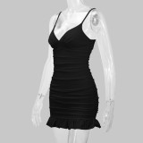 SC Solid Color V Neck Pleated Mini Dress YMYF-8216