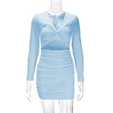 SC Solid Color Pleated Hollow Out Mini Dress YMYF-9238