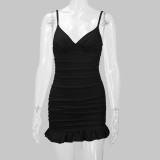 SC Solid Color V Neck Pleated Mini Dress YMYF-8216