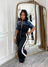 SC Denim Patchwork Color Block Two Piece Pants Set TE-4730