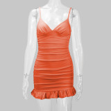 SC Solid Color V Neck Pleated Mini Dress YMYF-8216
