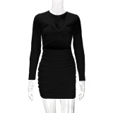SC Solid Color Pleated Hollow Out Mini Dress YMYF-9238