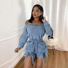 SC Sexy Off Shoulder Long Sleeve Denim Romper GNZD-9822