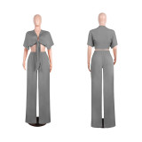 SC Solid Color Tie Up Wide Leg Pants Two Piece Set GTYZ-7003