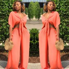 SC Solid Color Tie Up Wide Leg Pants Two Piece Set GTYZ-7003