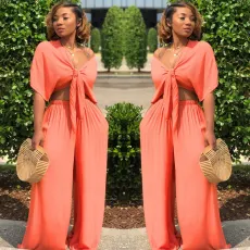 SC Solid Color Tie Up Wide Leg Pants Two Piece Set GTYZ-7003
