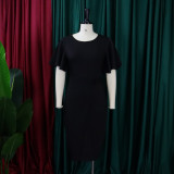 SC Plus Size Flare Sleeve Solid Color Midi Dress GCZF-8423