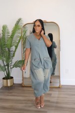 SC Loose Short Sleeve Denim Jumpsuit WXHY-XHY436