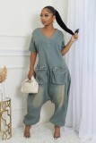 SC Loose Short Sleeve Denim Jumpsuit WXHY-XHY436