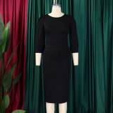 SC Plus Size Solid Color O Neck Slim Midi Dress GCZF-8612