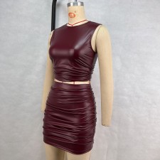 SC PU Leather Sleeveless Pleated Two Piece Skirts Set GPBY-17153