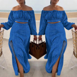 SC Solid Color Off Shoulder Split Long Skirt 2 Piece Set SFY-9067
