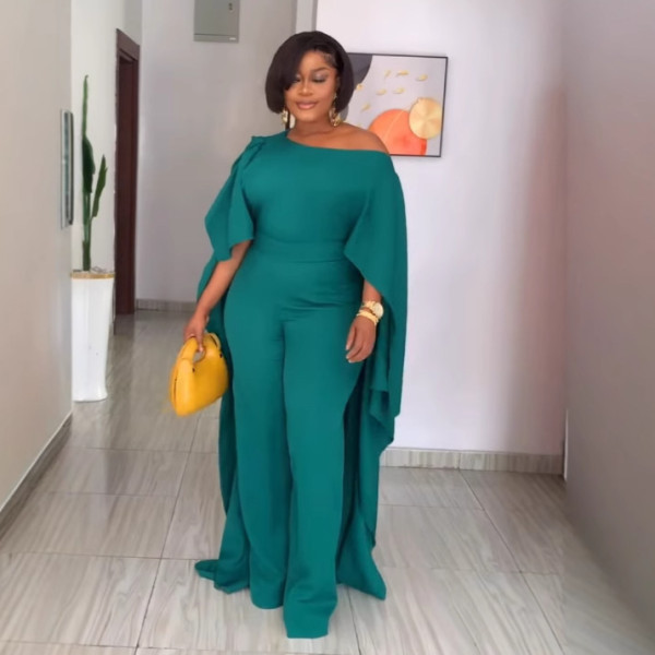 SC Plus Size Solid Color Cloak Wide Leg Jumpsuit NY-10985