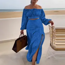 SC Solid Color Off Shoulder Split Long Skirt 2 Piece Set SFY-9067