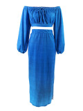 SC Solid Color Off Shoulder Split Long Skirt 2 Piece Set SFY-9067