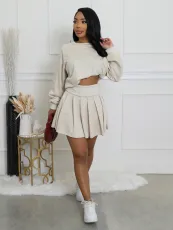 SC Solid Color Long Sleeve Pleated Skirt 2 Piece Set SFY-2797