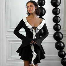 SC Ruffle Tip Neck Drawstring Flared Sleeve Dress GPBY-17178