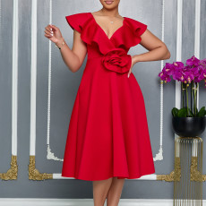 SC Plus Size V Neck Ruffles Big Swing Midi Dress GATE-565