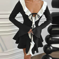 SC Ruffle Tip Neck Drawstring Flared Sleeve Dress GPBY-17178