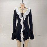 SC Ruffle Tip Neck Drawstring Flared Sleeve Dress GPBY-17178