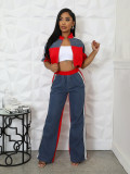 SC Color Block Zipper Drawstring Tops Pants Suit SFY-2798