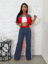SC Color Block Zipper Drawstring Tops Pants Suit SFY-2798