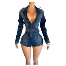 SC Solid Color Zipper Tie Up Denim Romper MEM-88625