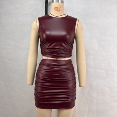 SC PU Leather Sleeveless Pleated Two Piece Skirts Set GPBY-17153