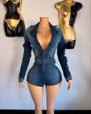 SC Solid Color Zipper Tie Up Denim Romper MEM-88625