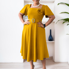 SC Plus Size Square Neck Solid Corsage High Waist Midi Dress GATE-568