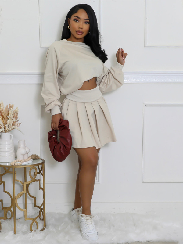 SC Solid Color Long Sleeve Pleated Skirt 2 Piece Set SFY-2797