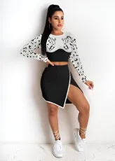 SC Long Sleeve Print Crop Tops Skirt 2 Piece Set FSXF-752