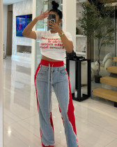 SC Denim Print Contrast Color Casual Pants QXLB-10117