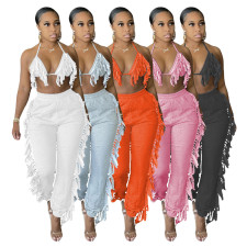 SC Solid Color Sexy Tassel Backless Pants Suit GCNF-0134