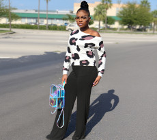 SC Print Off Shoulder Long Sleeve Top Pants Suit FSXF-753