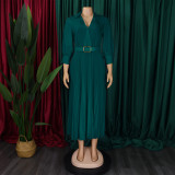 SC Plus Size V Neck Press Pleated Midi Dress GCZF-8622