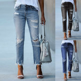 SC Solid Color Holes Straight Jeans XCFF-30112