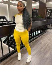 SC Casual Color Block Yoga Spor Short Sleeve Pants Suit MEM-88628