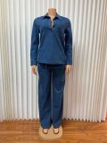 SC Plus Size Long Sleeve Lapel Denim Two Piece Pants Set GADE-6561