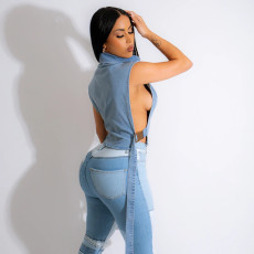 SC High Collar sleeveless Denim Short Vest GFRT-9189TD