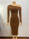 SC Mesh Patchwork Slash Shoulder Midi Dress GADE-8070