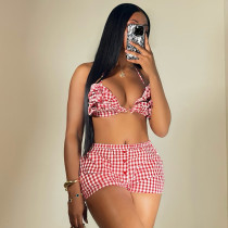SC Sexy Plaid Print Backless Tie Up Shorts Suit GFRT-41439SHG