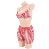 SC Sexy Plaid Print Backless Tie Up Shorts Suit GFRT-41439SHG