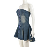 SC Zipper Wrap Chest Denim Ruffles Dress GNZD-51034DHD