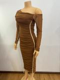 SC Mesh Patchwork Slash Shoulder Midi Dress GADE-8070