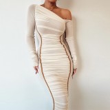 SC Mesh Patchwork Slash Shoulder Midi Dress GADE-8070