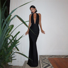 SC Deep V Neck Backless Halter Maxi Dress GZJQ-K24D49108