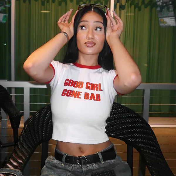 SC Letter Print Short Sleeve Crop Tops MXBF-K24TP321