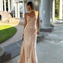 SC Sexy V-neck Backless Satin Sling Maxi Dress FL-XY24609PFO